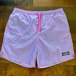 Vineyard Vines Swim Trunks. Men’s Large. Pink/light blue stripes.